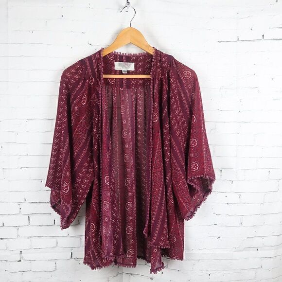 ECOTE RED FLORAL KIMONO STYLE BOHO TOP SIZE XS - Picture 1 of 9